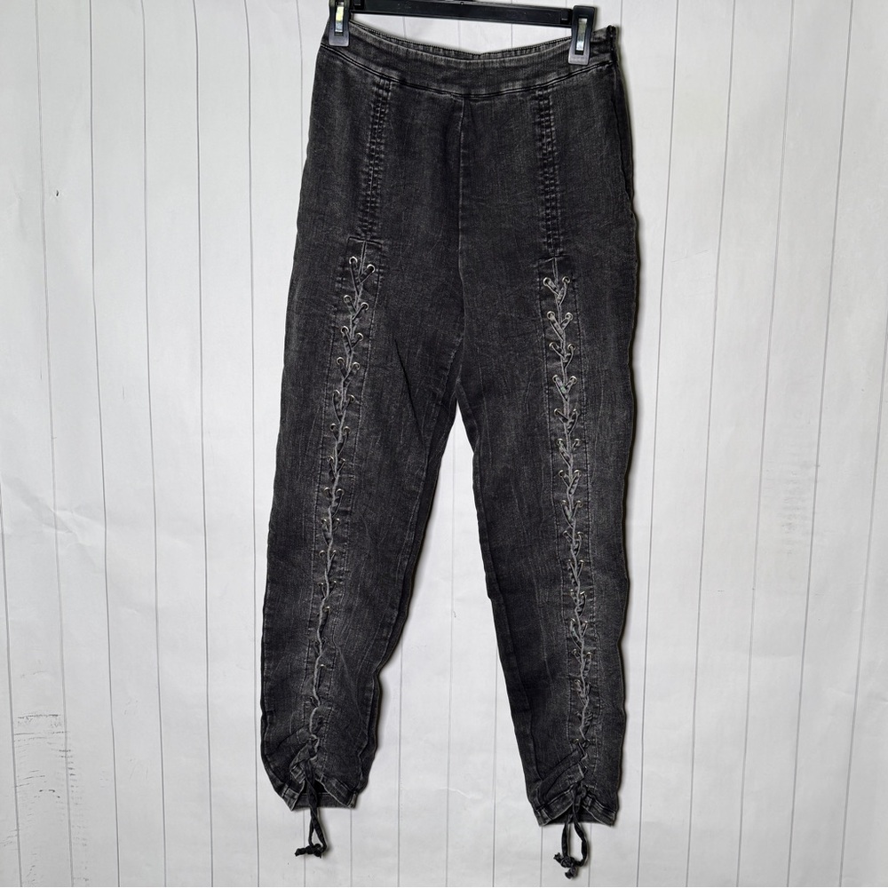 TRAC Black‎ Denim Lace Up Jeans Streetwear Punk Grunge Skater Indie Sleaze Large